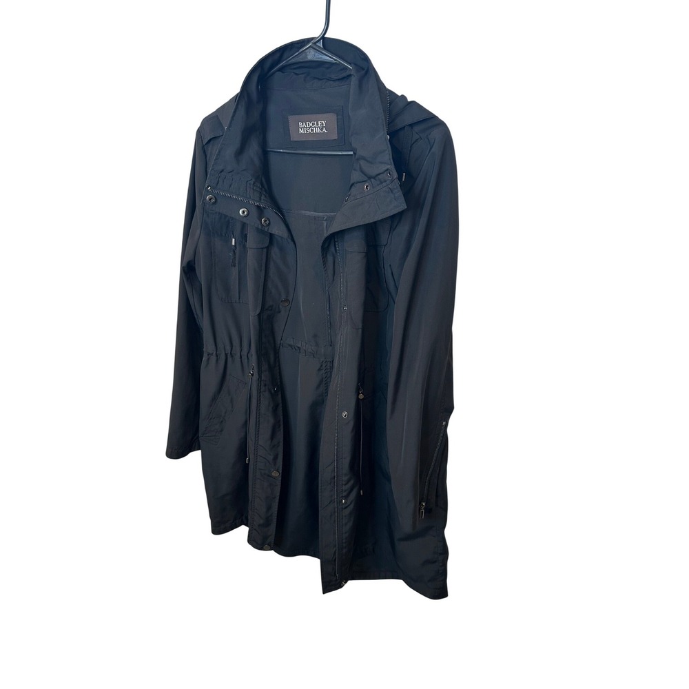 Badgley Mischka Womens Black Hooded Rain Coat Drawstring Waist Size M